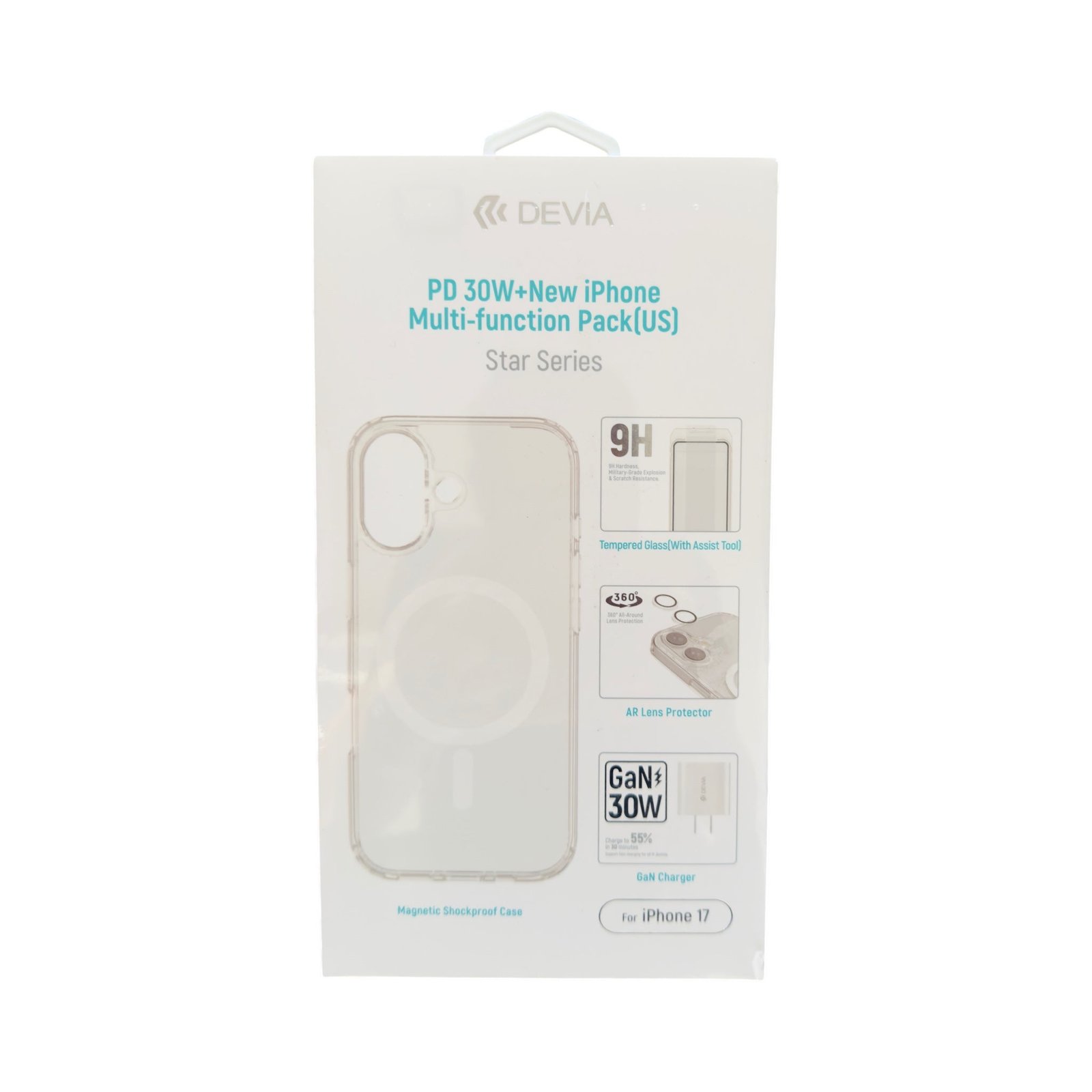 Star Series PD 30w+new iPhone Multi-function Pack(us) - Devia iPhone 17 Case + Lente de Cámara + Vidrio Templado + Cargador Pared