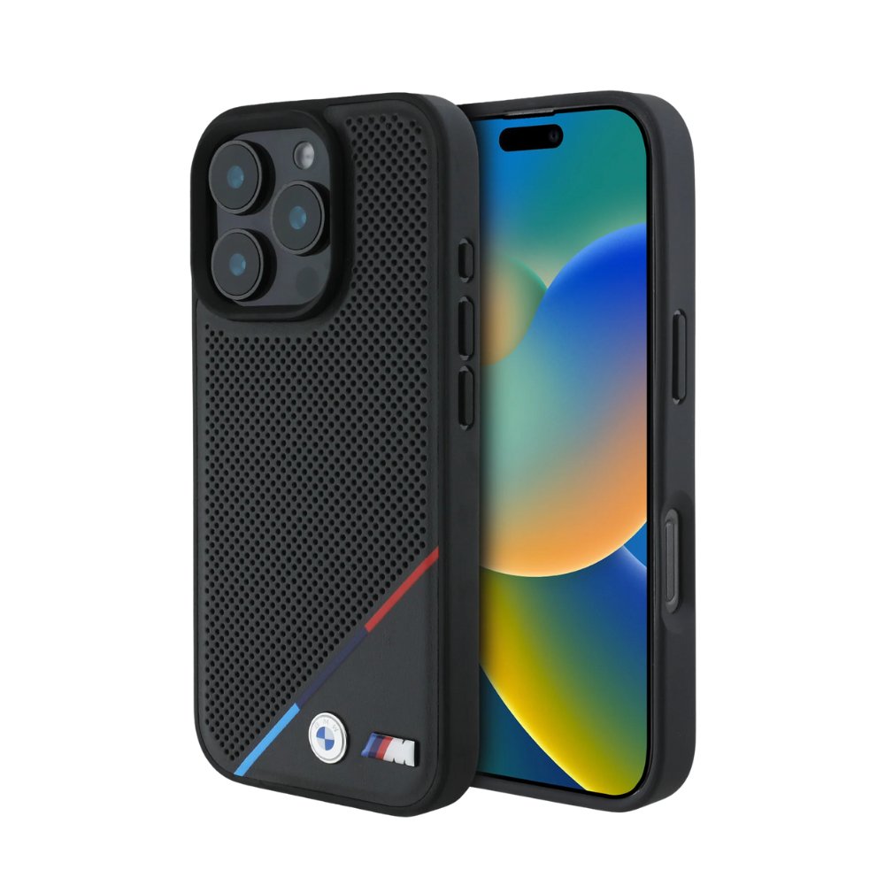 BMW Hc M MagSafe Pu Perforated Tricolor Line Black iPhone 16 Pro Max