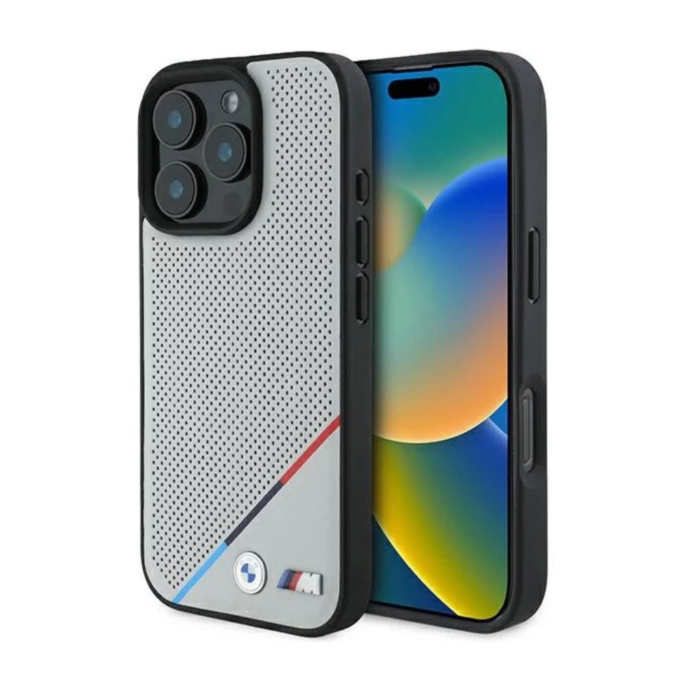BMW Hc M MagSafe Pu Perforated Tricolor Line Grey iPhone 16 Pro