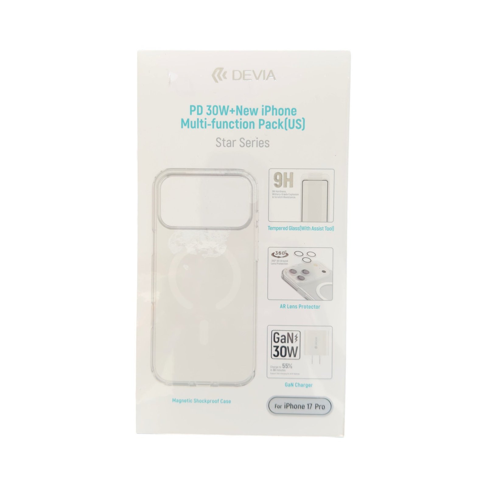 Star Series PD 30w+new iPhone Multi-function Pack(us) - Devia iPhone 17 Pro Case + Lente de Cámara + Vidrio Templado + Cargador Pared