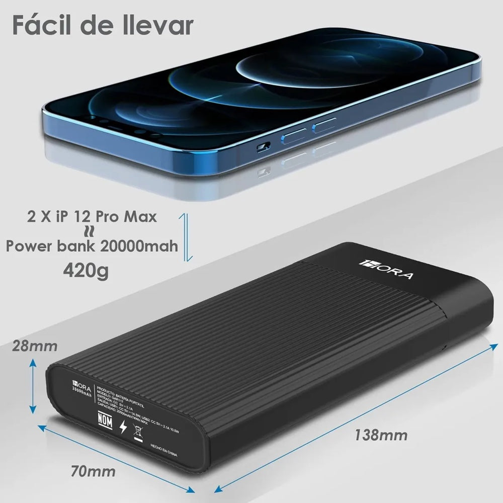 Batería 1hora Carga Rápida 2 Puertos USB 2 Type C 20000mah Negro Gar117 — foto 4