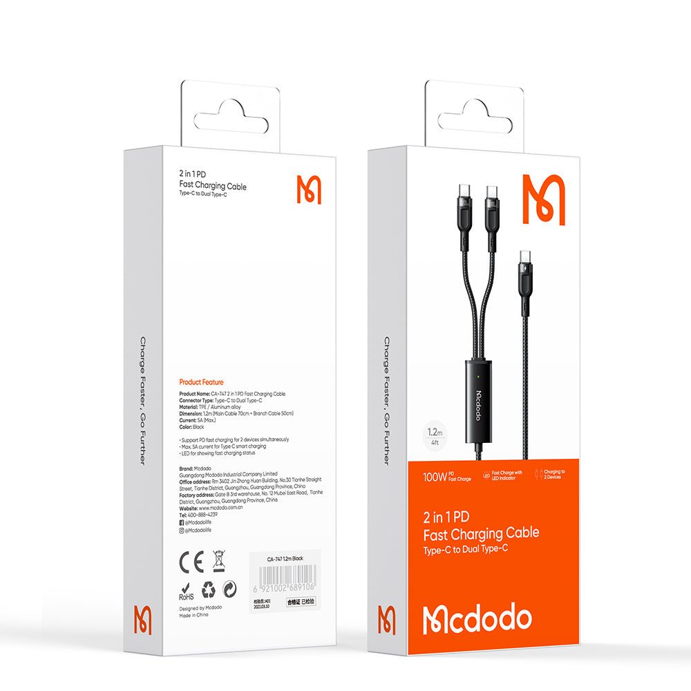 Cable McDodo Adaptador Tipo C a Dual Tipo C 1.2m Negro — foto 3