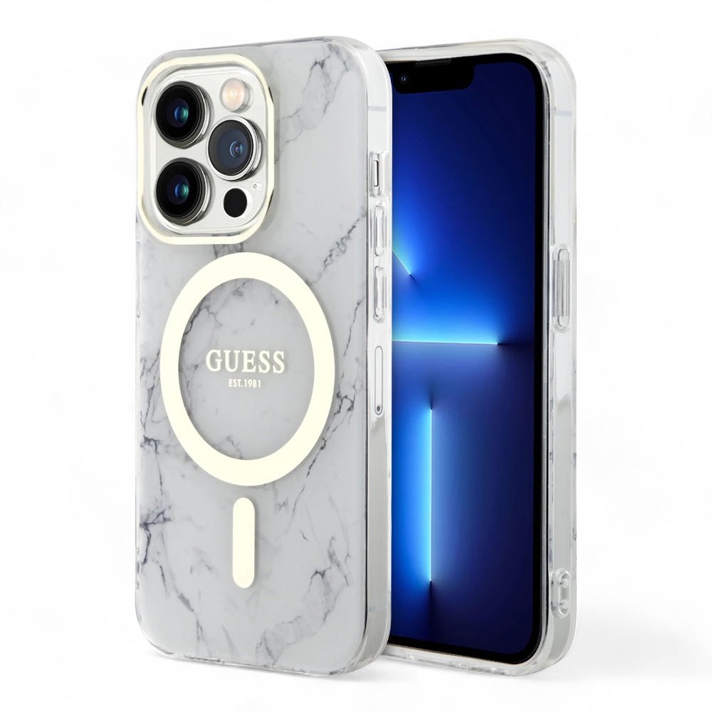 Estuche GUESS MagSafe iPhone 15 Pro - Pc/tpu White Hard Case MagSafe Iml Marble Color Transparente