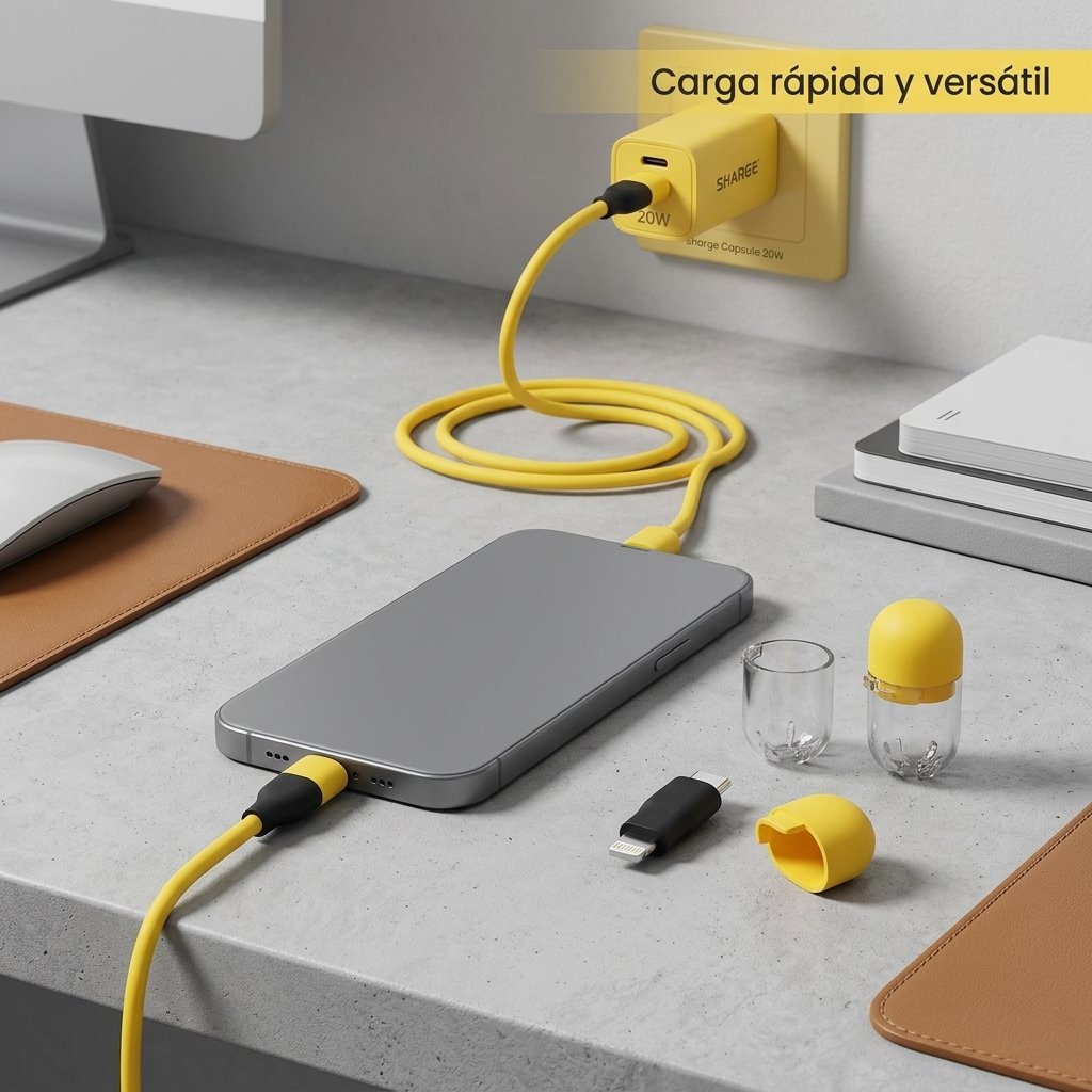 Cable Sharge Cable Capsula 20w Tipo C a Tipo C y Adaptador Lightning Color Amarillo — foto 4