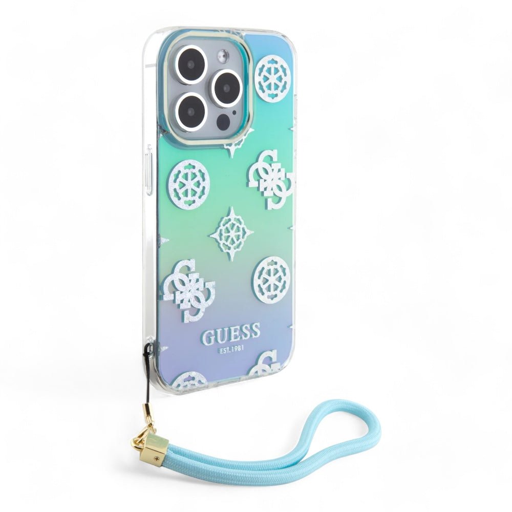 Estuche GUESS Hard Case iPhone 15 Pro - Pc/tpu Turquoise Pc TPU Iridescent Hard Case Glitter Pattern Peony Cordstrap Color Aqua — foto 2