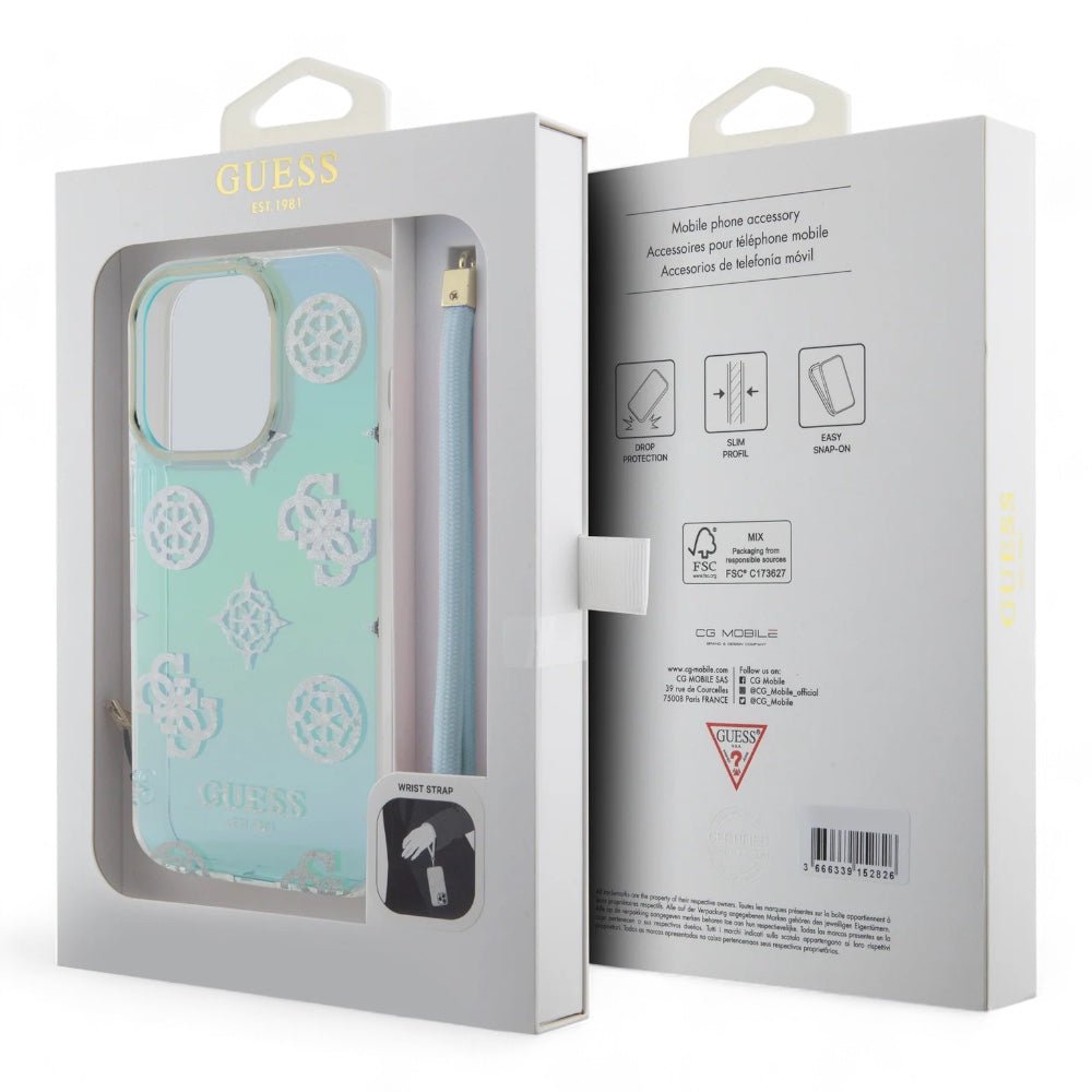 Estuche GUESS Hard Case iPhone 15 Pro - Pc/tpu Turquoise Pc TPU Iridescent Hard Case Glitter Pattern Peony Cordstrap Color Aqua — foto 4