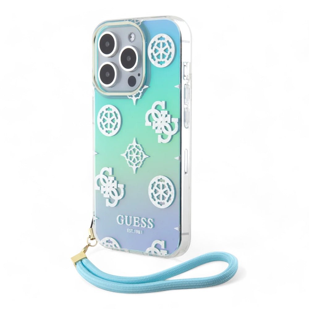 Estuche GUESS Hard Case iPhone 15 Pro - Pc/tpu Turquoise Pc TPU Iridescent Hard Case Glitter Pattern Peony Cordstrap Color Aqua