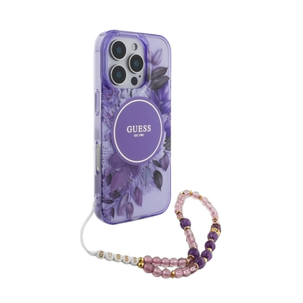 GUESS Hc MagSafe Iml Flowers With Pearl Strap Purple iPhone 16 Pro