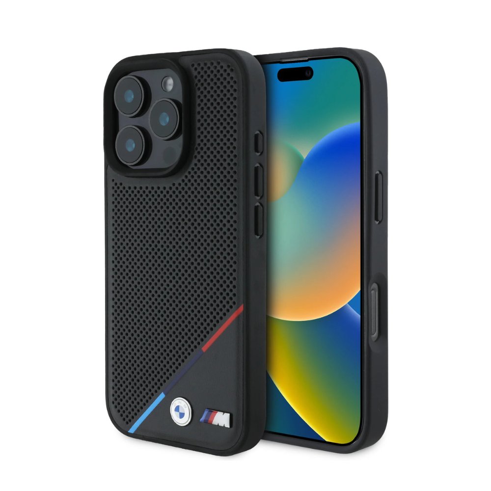 BMW Hc M MagSafe Pu Perforated Tricolor Line Black iPhone 16 Pro