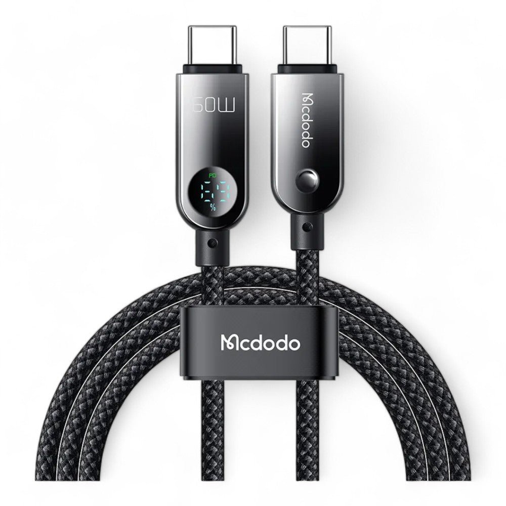 Cable McDodo USB Ca-478 USB-C 60w PD Charging Nylon Braided 480mbps 1.2m Cable Digital Display Battery Level Color Negro