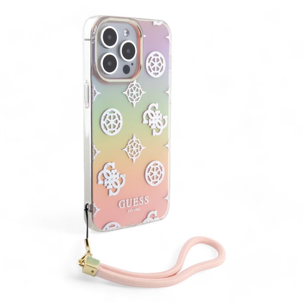 Estuche GUESS Hard Case iPhone 15 Pro - Pc/tpu Pink Pc TPU Iridescent Hard Case Glitter Pattern Peony Cordstrap Color Rosado — foto 2