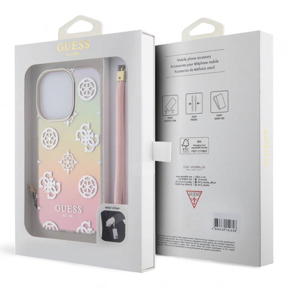 Estuche GUESS Hard Case iPhone 15 Pro - Pc/tpu Pink Pc TPU Iridescent Hard Case Glitter Pattern Peony Cordstrap Color Rosado — foto 4
