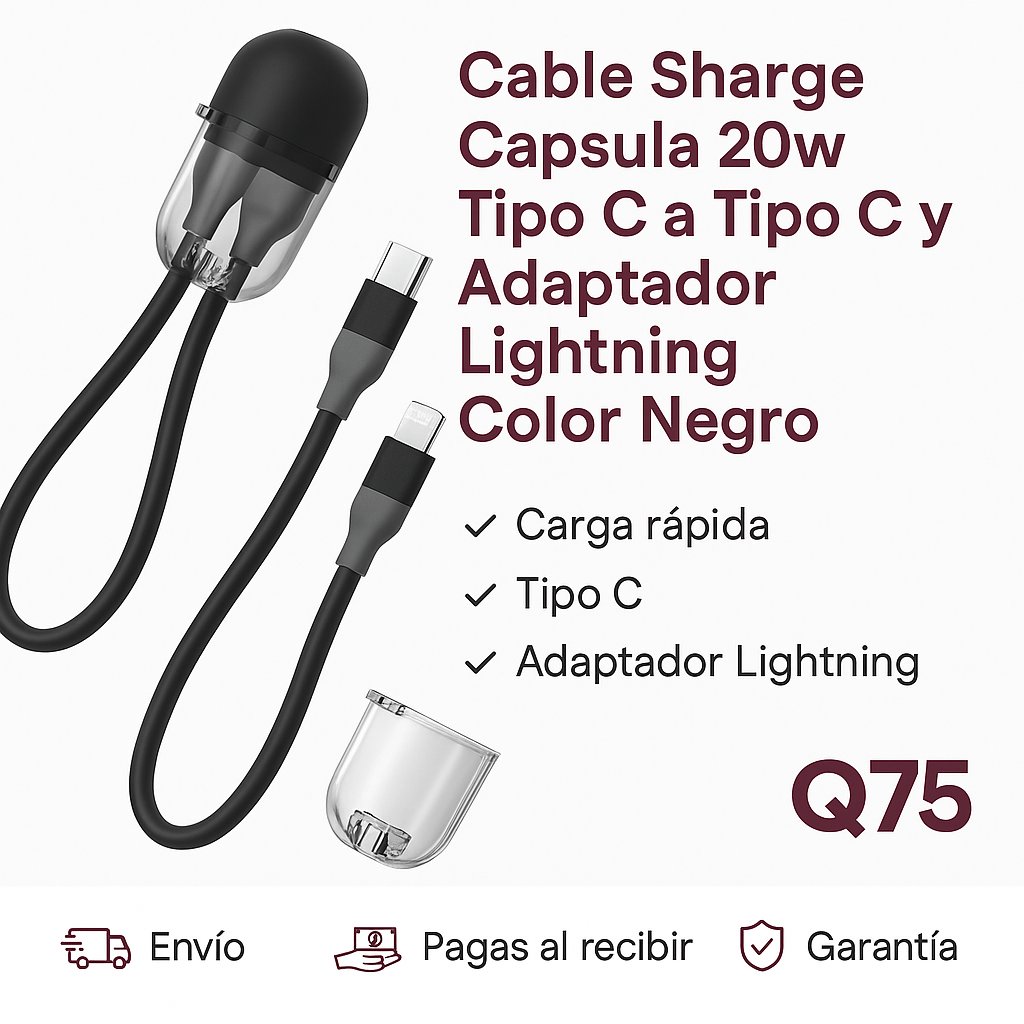 Cable Sharge Capsula 20w Tipo C a Tipo C y Adaptador Lightning Color Negro — foto 6