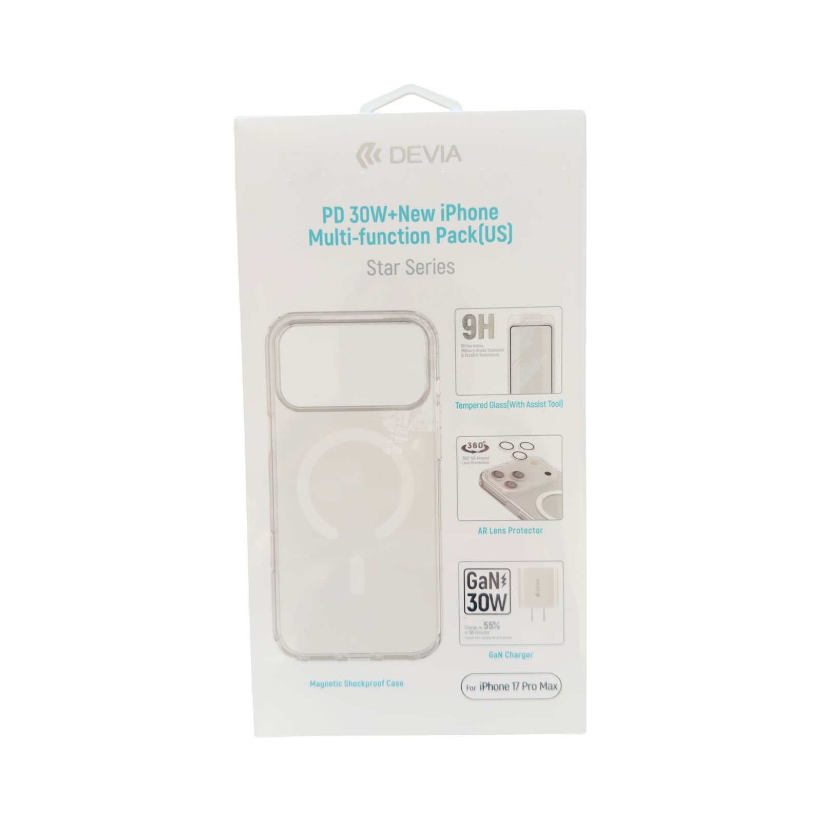Star Series PD 30w+new iPhone Multi-function Pack(us) - Devia iPhone 17 Pro Max Case + Lente de Cámara + Vidrio Templado + Cargador Pared