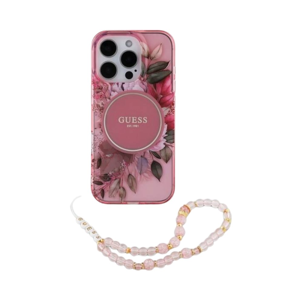 GUESS Hc MagSafe Iml Flowers With Pearl Strap Pink iPhone 16 Pro — foto 3