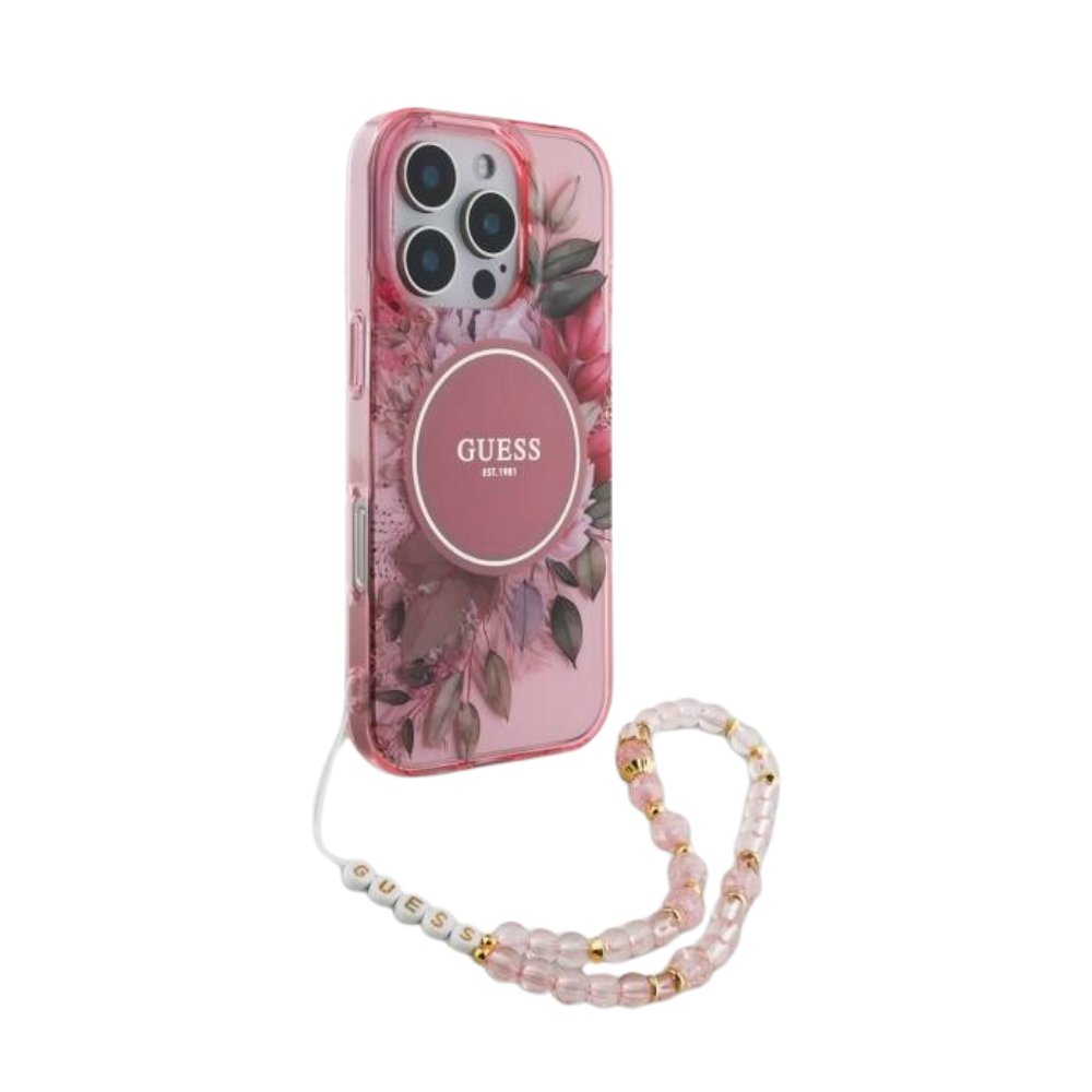 GUESS Hc MagSafe Iml Flowers With Pearl Strap Pink iPhone 16 Pro