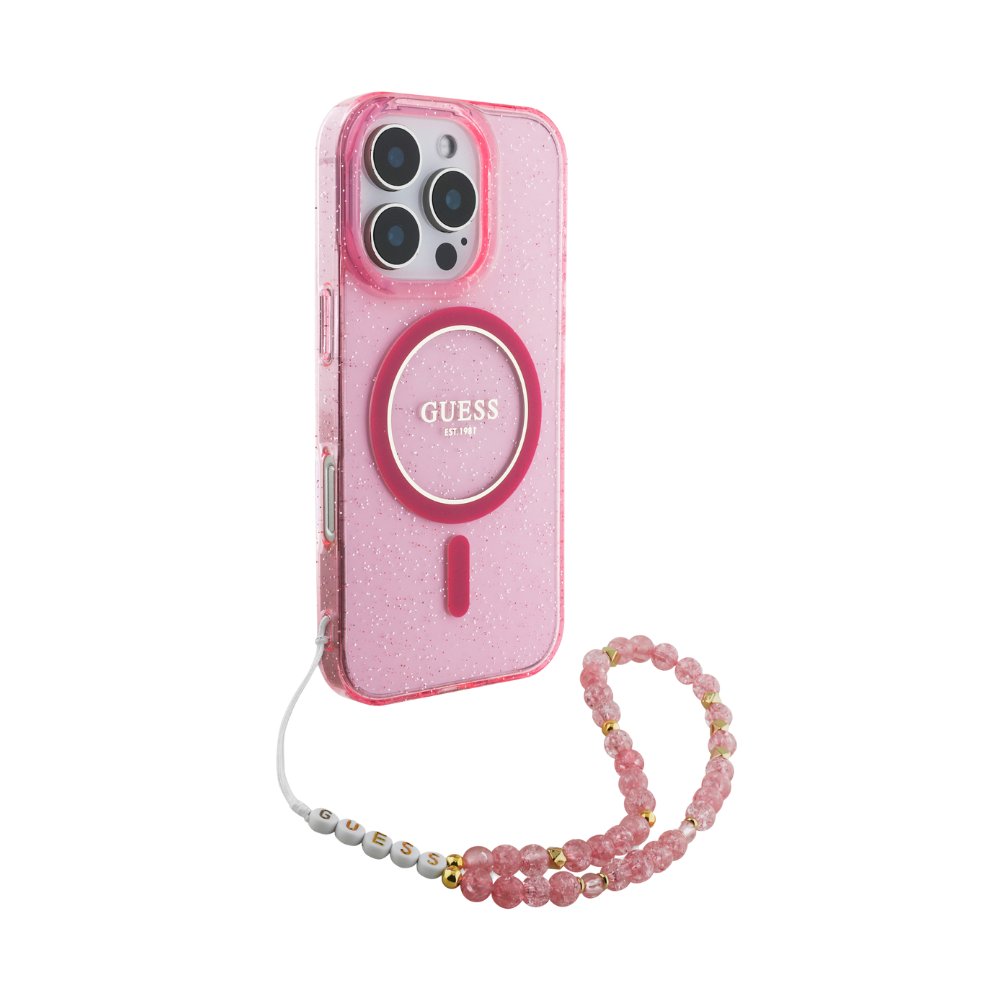 GUESS Hc MagSafe Iml Glitter With Pearl Strap Pink Ip16 Pro iPhone 16 Pro