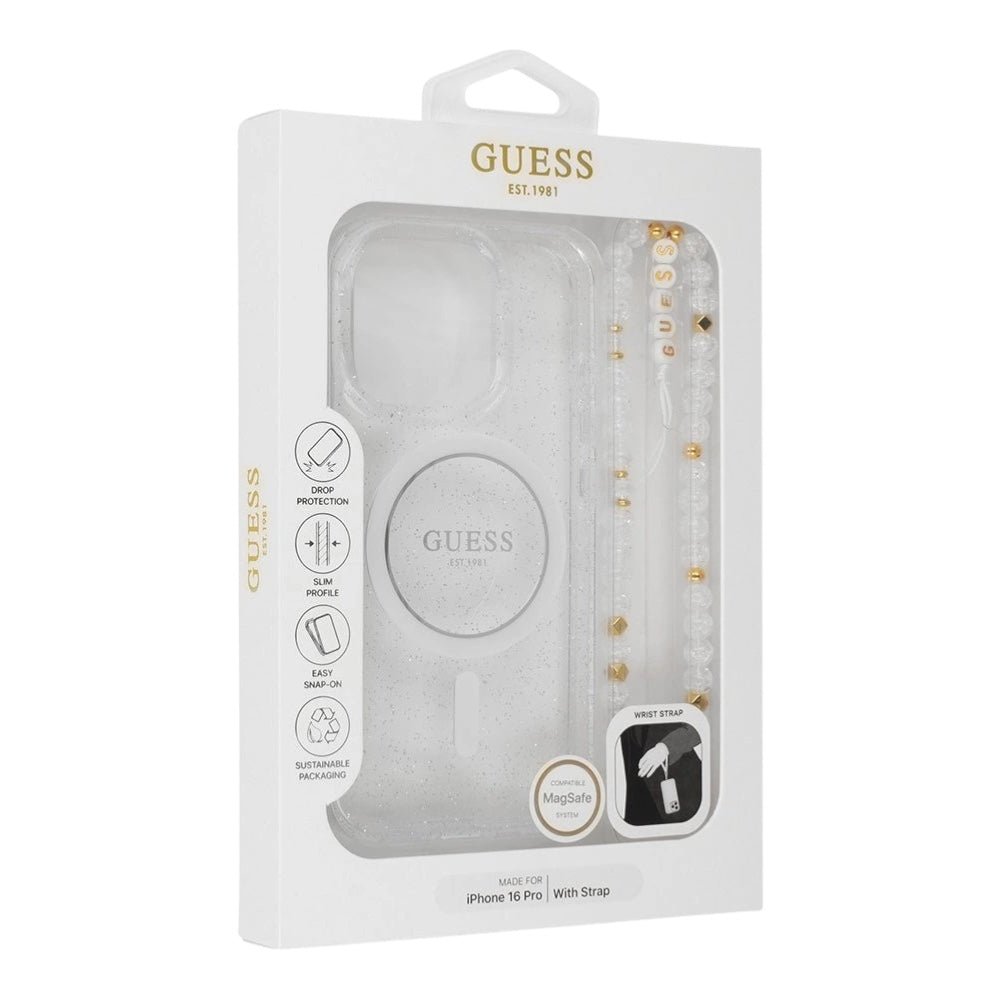 GUESS Hc MagSafe Iml Glitter With Pearl Strap Transparent iPhone 16 Pro