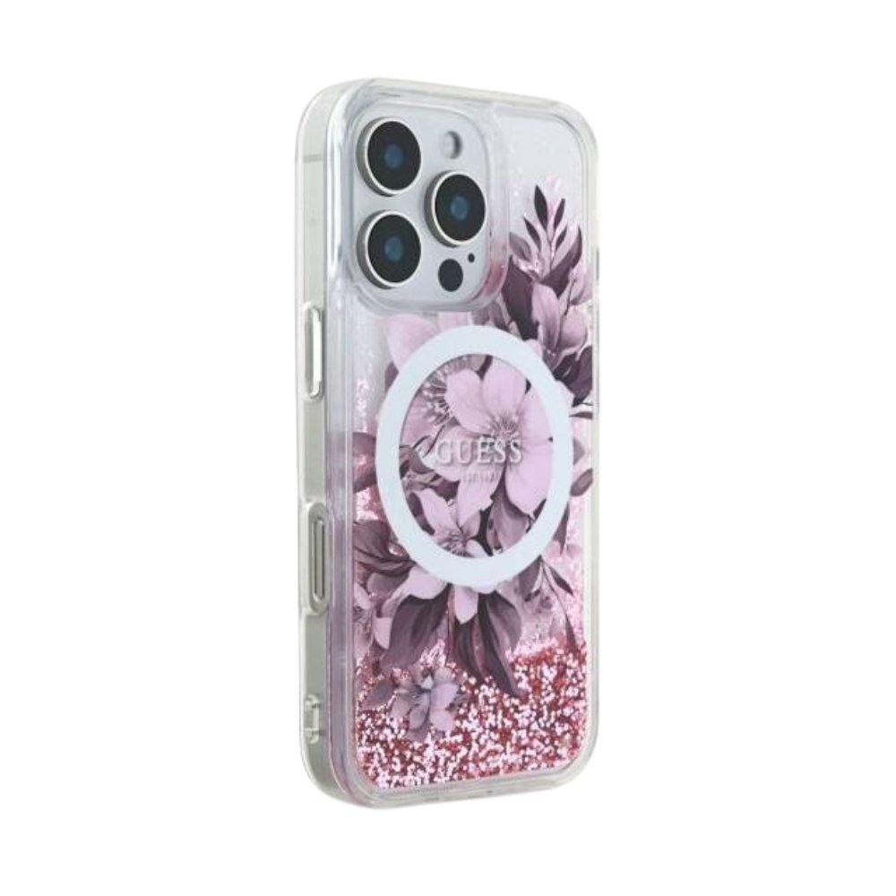 GUESS Hc MagSafe Liq. Glitter Flower Pink iPhone 16 Pro — foto 2