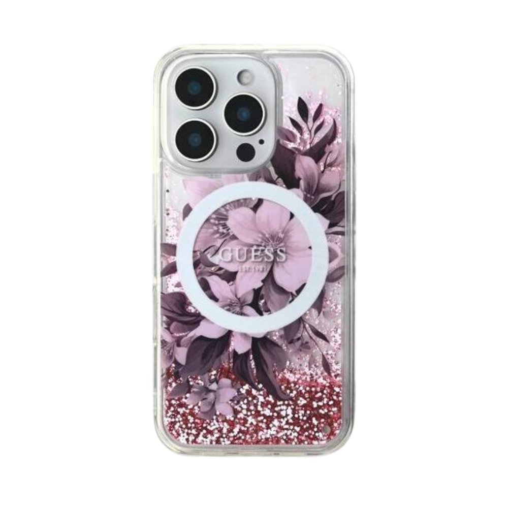 GUESS Hc MagSafe Liq. Glitter Flower Pink iPhone 16 Pro — foto 3