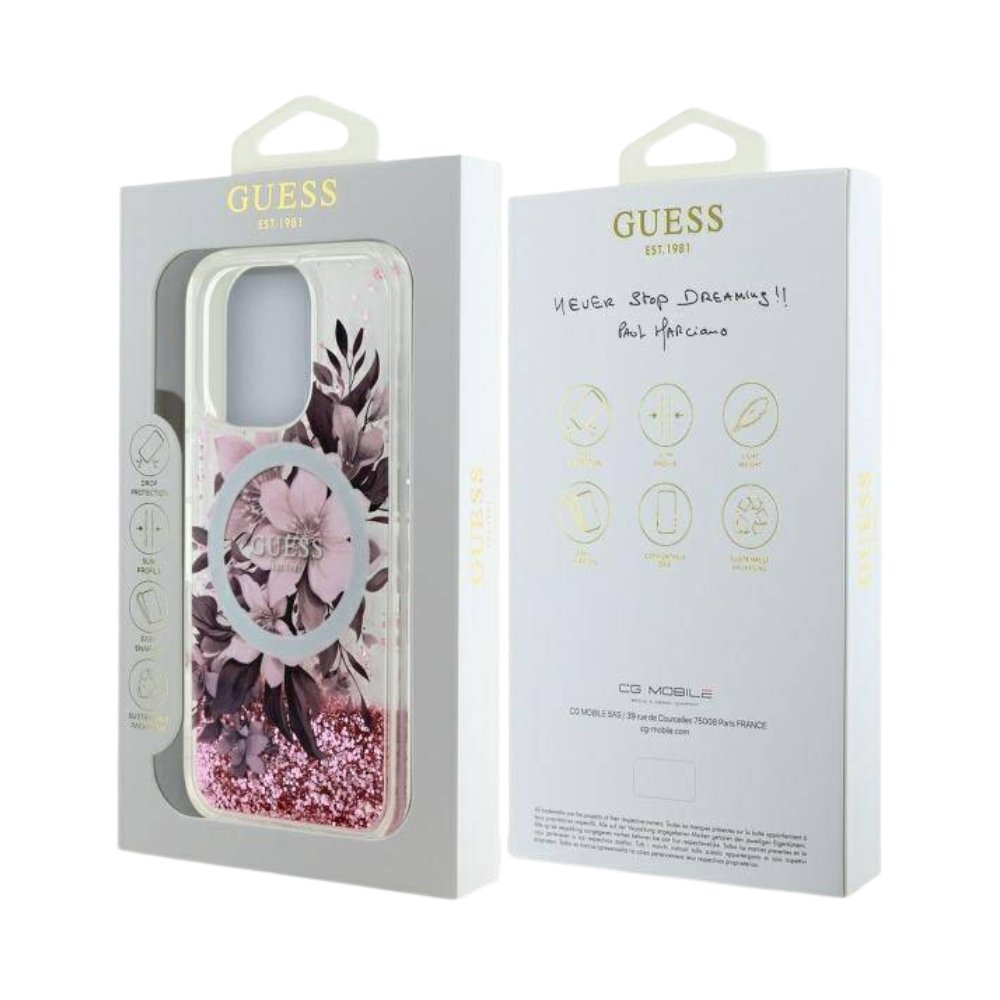 GUESS Hc MagSafe Liq. Glitter Flower Pink iPhone 16 Pro — foto 4