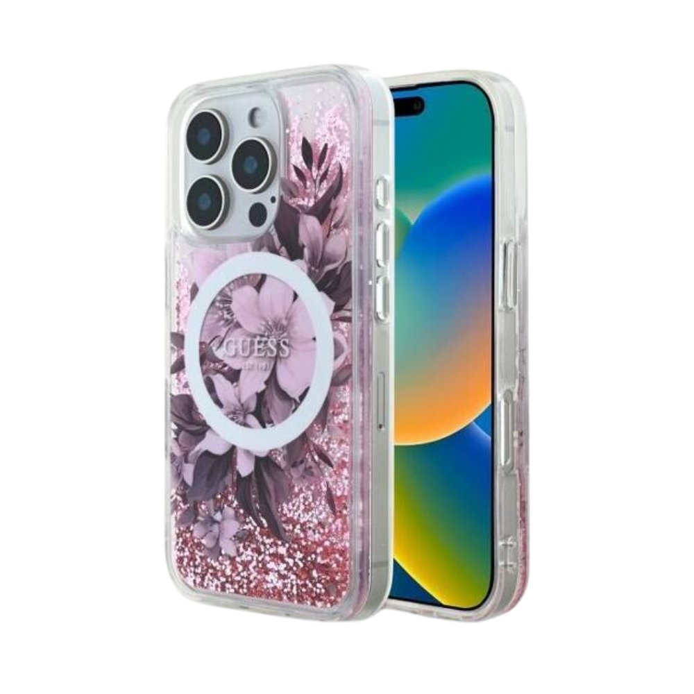 GUESS Hc MagSafe Liq. Glitter Flower Pink iPhone 16 Pro