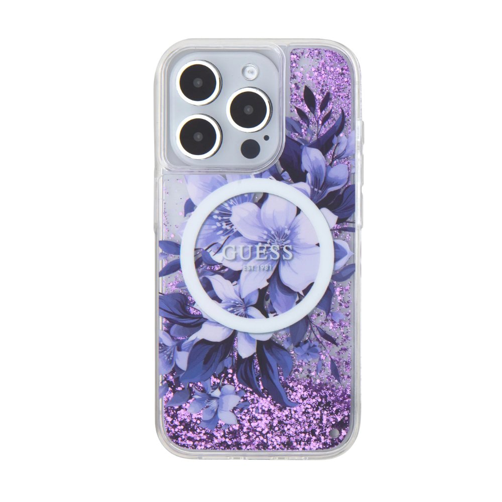 GUESS Hc MagSafe Liq. Glitter Flower Purple iPhone 16 Pro