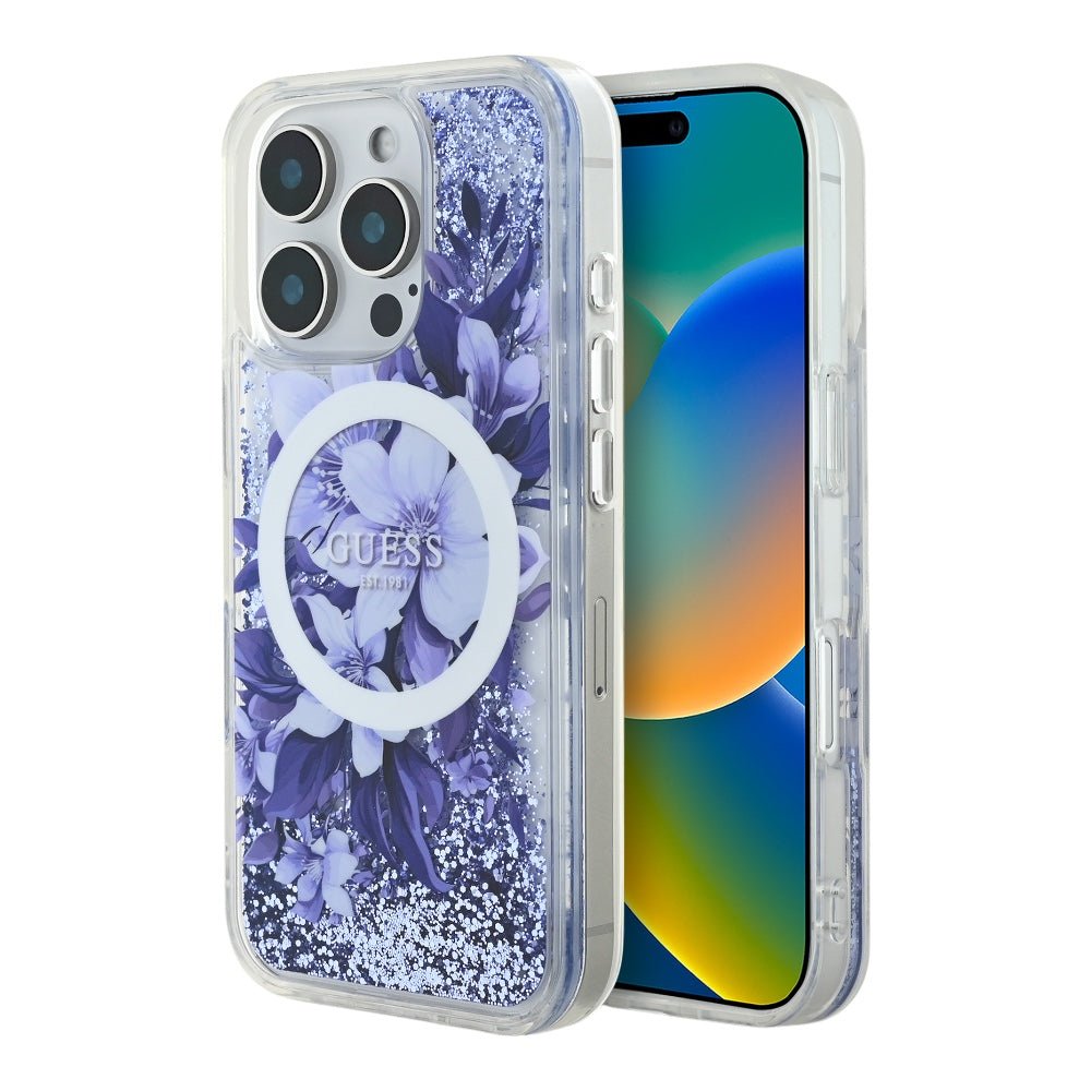 Estuche GUESS Hc MagSafe Liq. Glitter Flower Purple