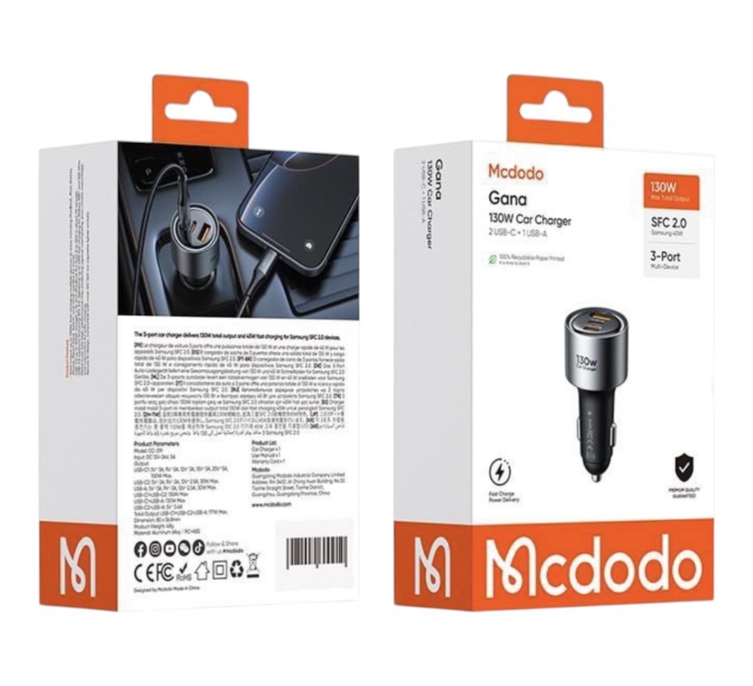 Cable McDodo Cc-3190 Cargador para Carro 130W 2 Tipo C + 1 USB-A Carga Rápida Serie Gana Negro