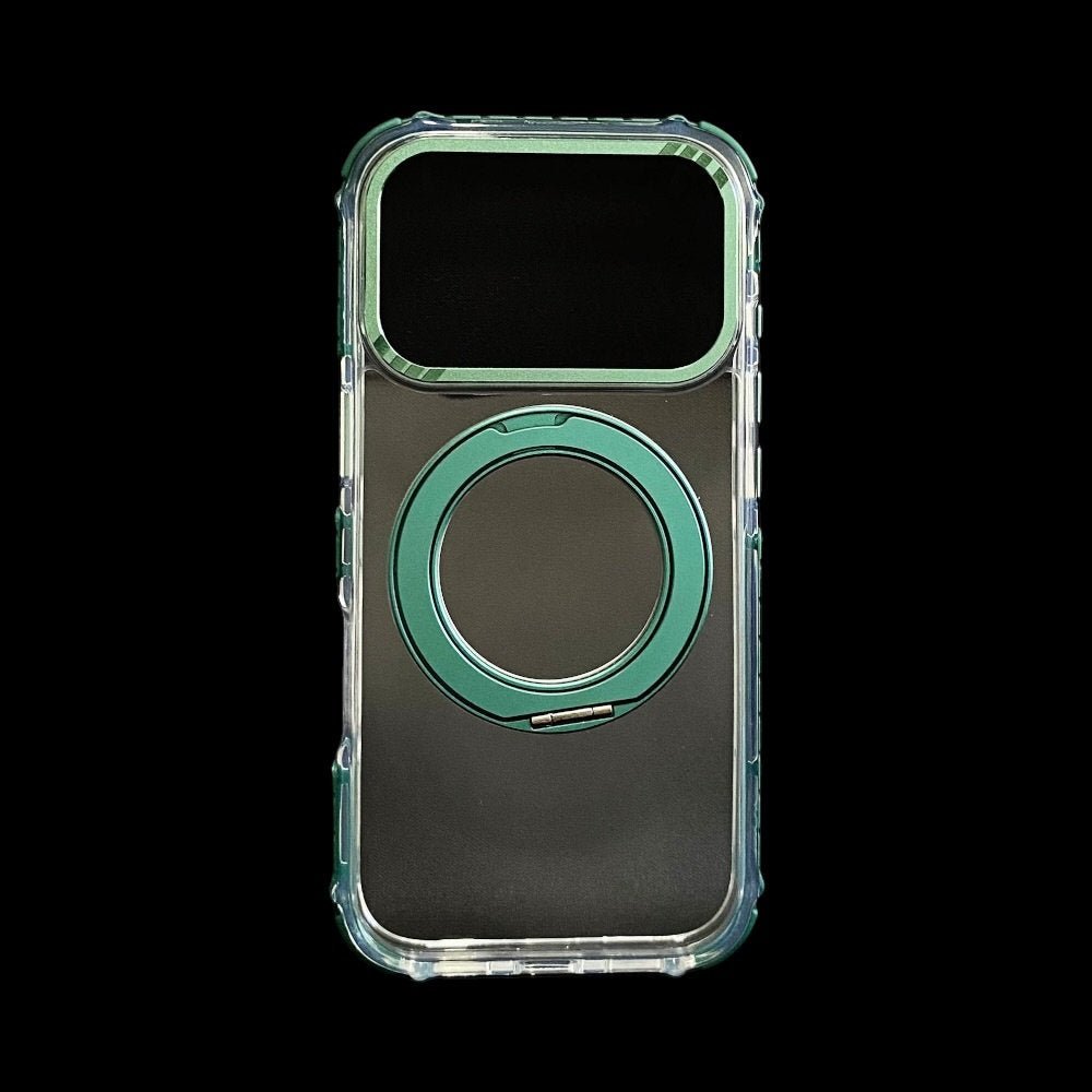 Estuche El Rey Magstand iphone 17 pro Magsafe transparente borde verde