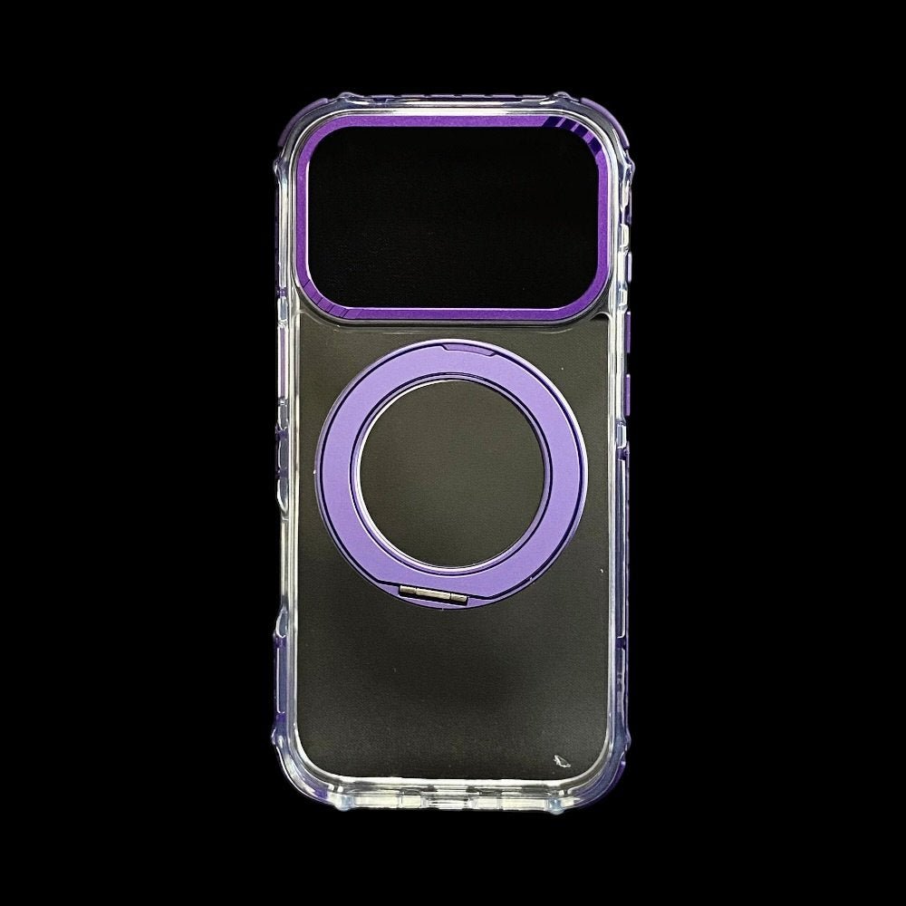 Estuche El Rey Magstand iphone 17 pro Magsafe transparente borde morado