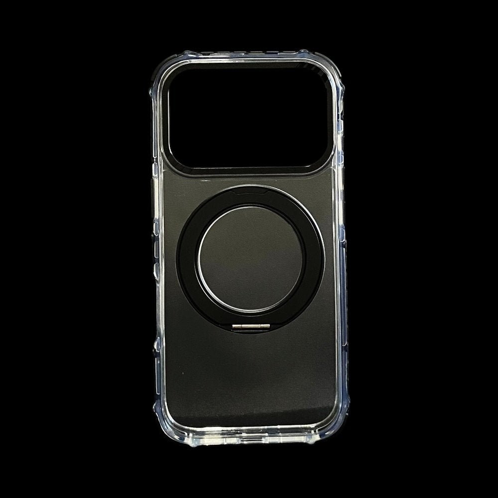 Estuche El Rey Magstand iphone 17 pro Magsafe transparente borde negro