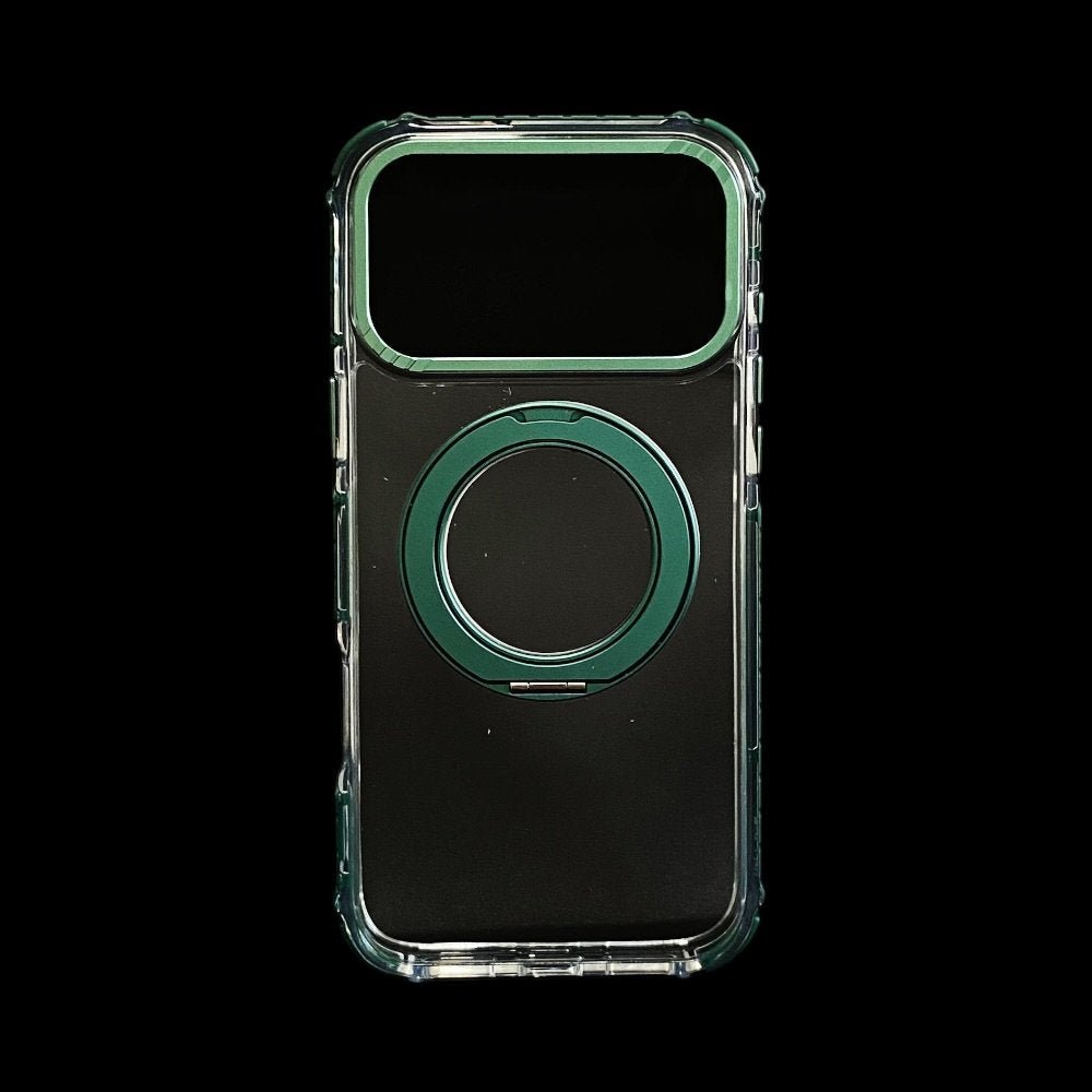 Estuche El Rey Magstand iphone 17 pro max Magsafe transparente borde verde