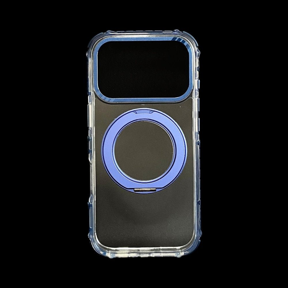 Estuche El Rey Magstand iphone 17 pro Magsafe transparente borde azul