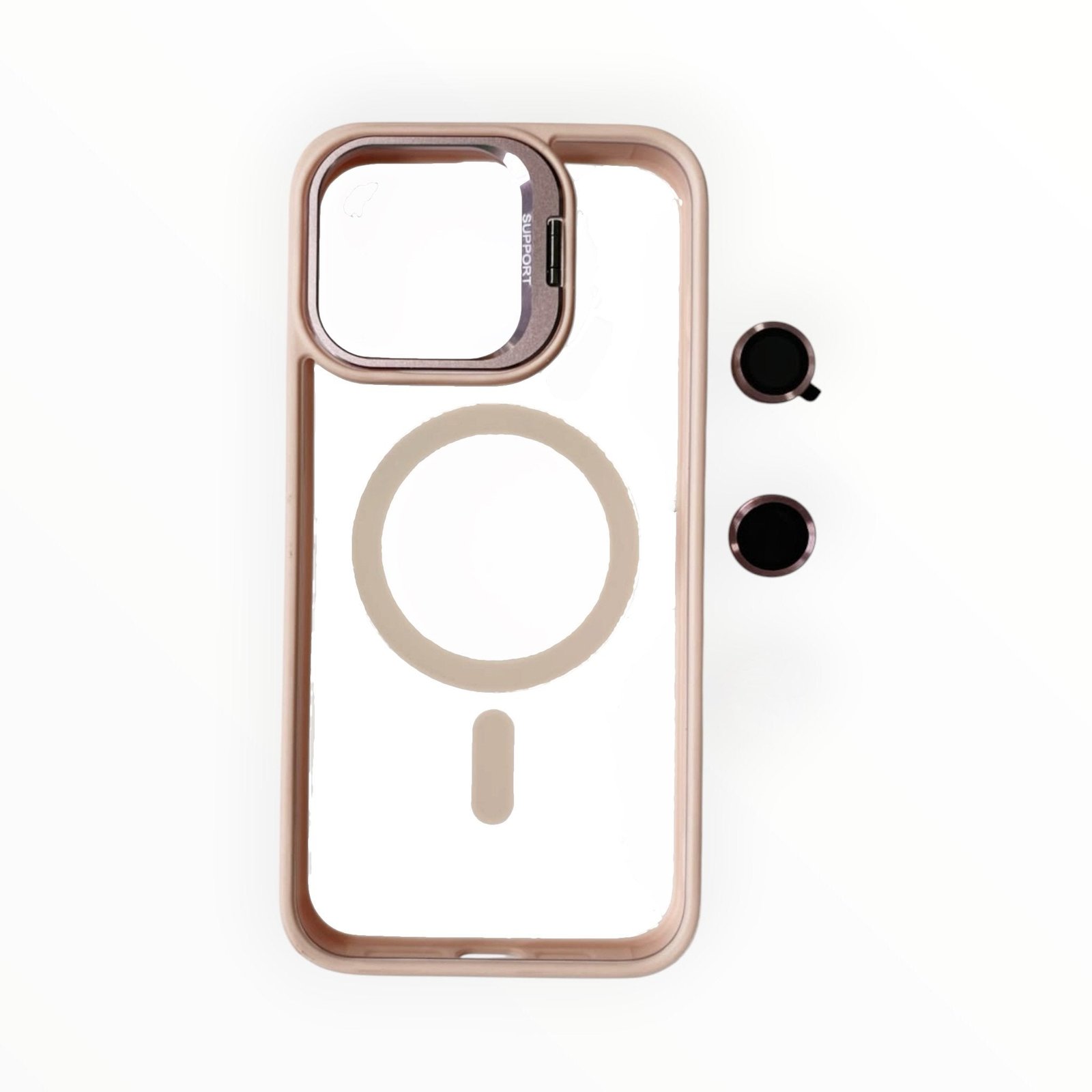 Estuche El Rey magsafe stand + vidrio templado de camara color rosado Iphone 13