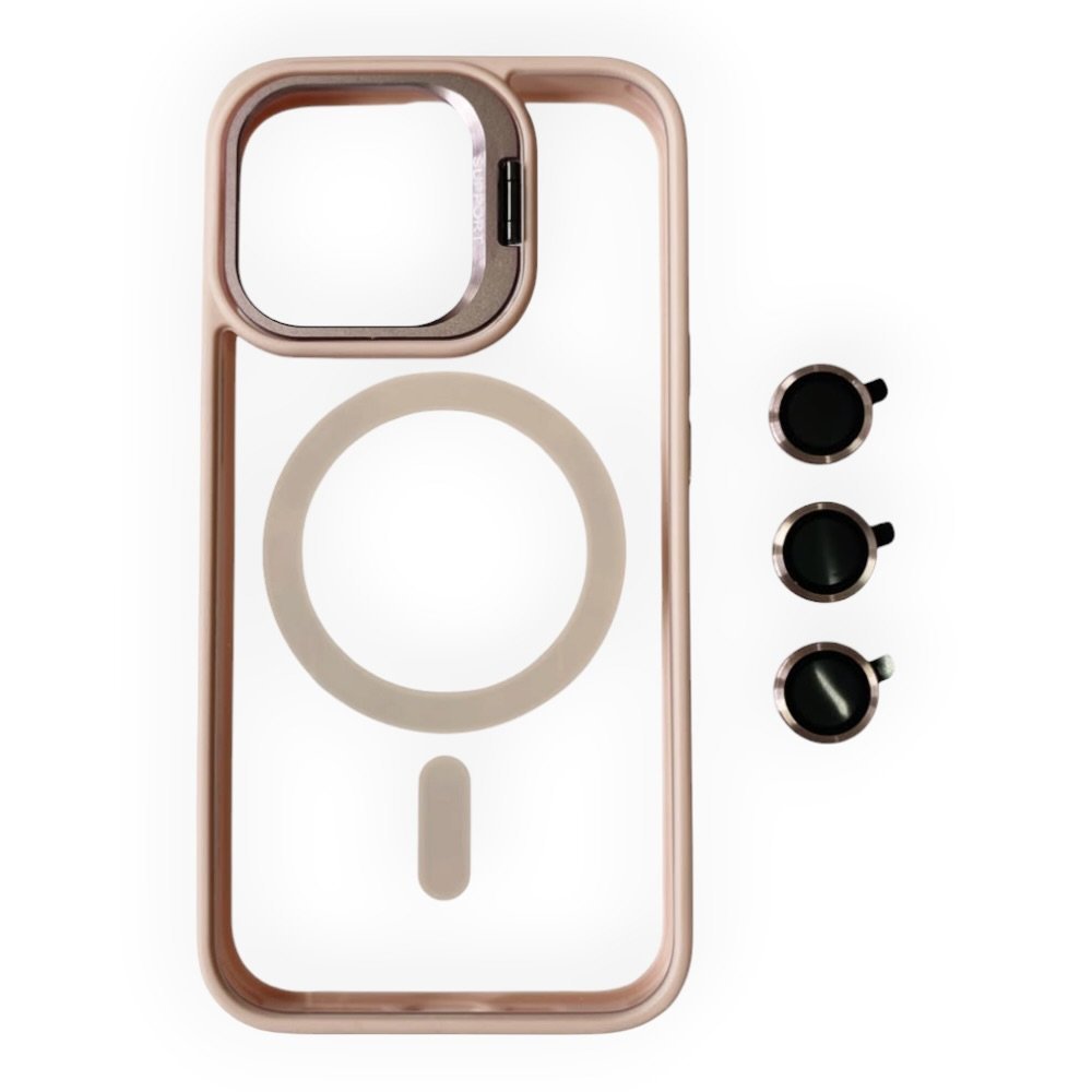 Estuche El Rey magsafe stand + vidrio templado de camara color rosado Iphone 14 pro