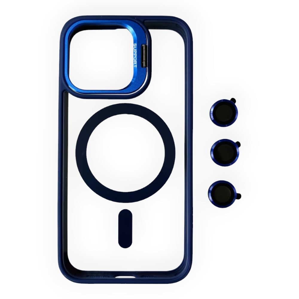 Estuche El Rey magsafe stand + vidrio templado de camara color azul Iphone 14 pro
