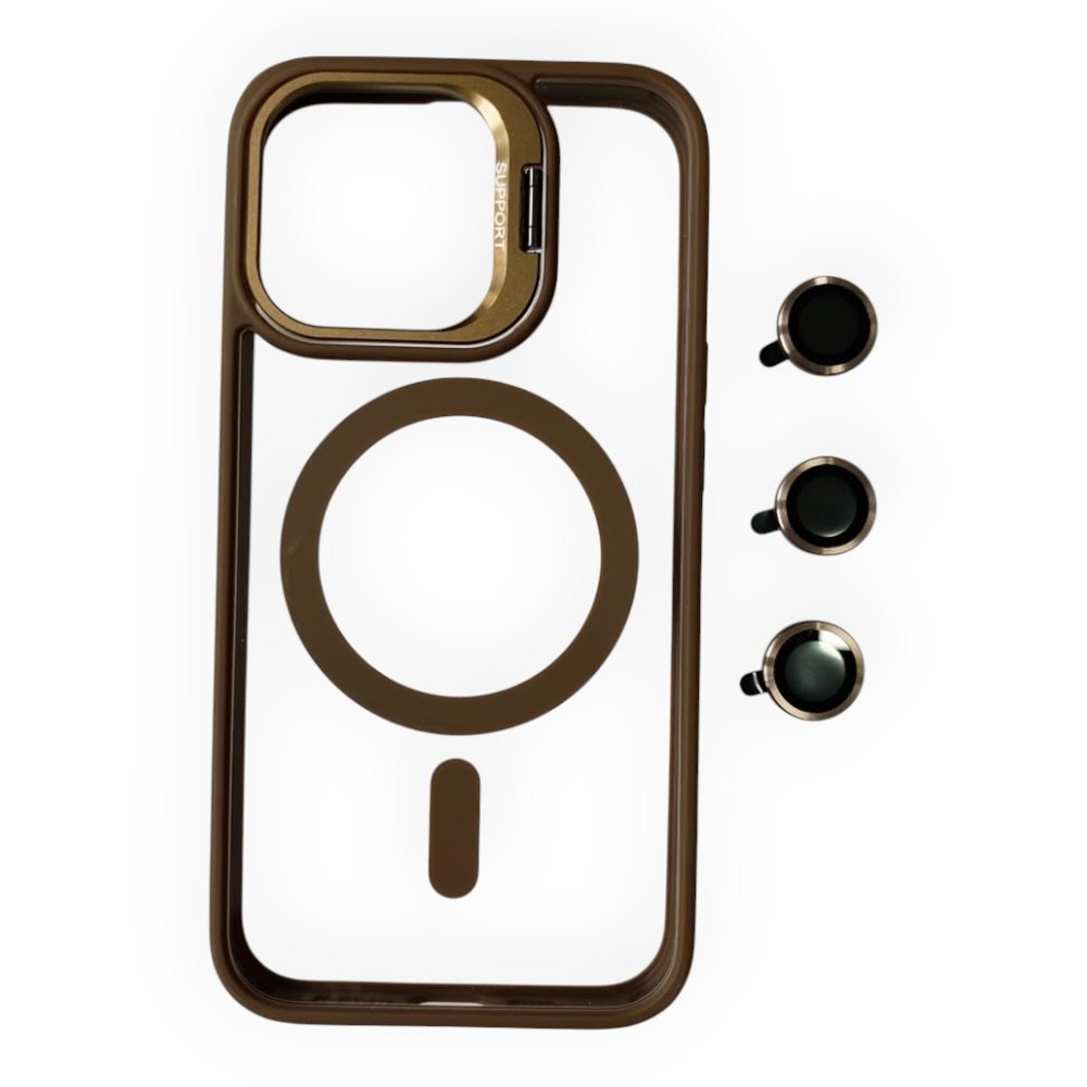Estuche El Rey magsafe stand + vidrio templado de camara color cafe Iphone 13 pro