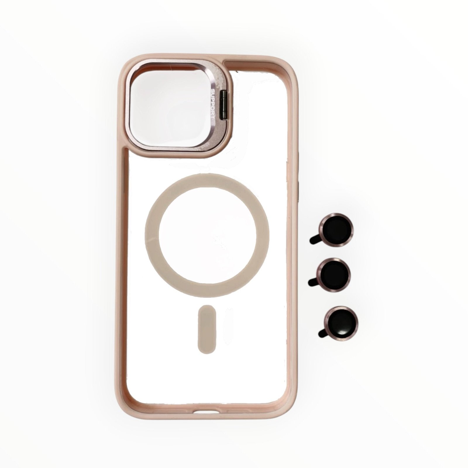 Estuche El Rey magsafe stand + vidrio templado de camara color rosado Iphone 13 pro max