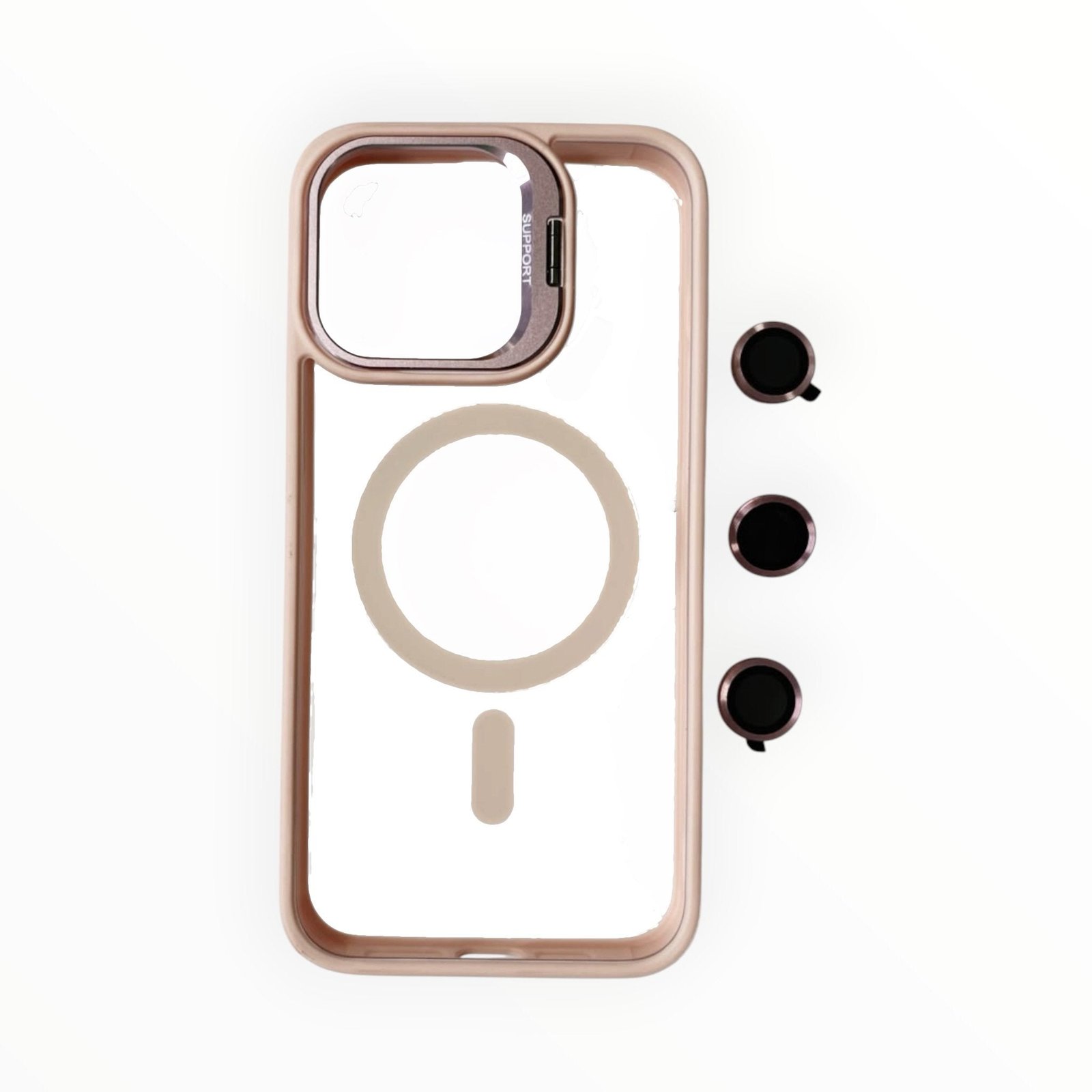Estuche El Rey magsafe stand + vidrio templado de camara color rosado Iphone 16 pro max