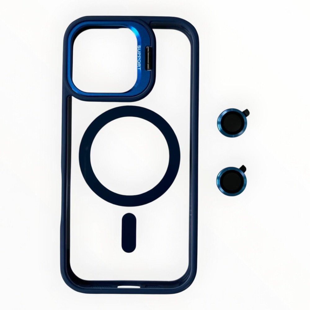 Estuche El Rey magsafe stand + vidrio templado de camara color azul Iphone 17