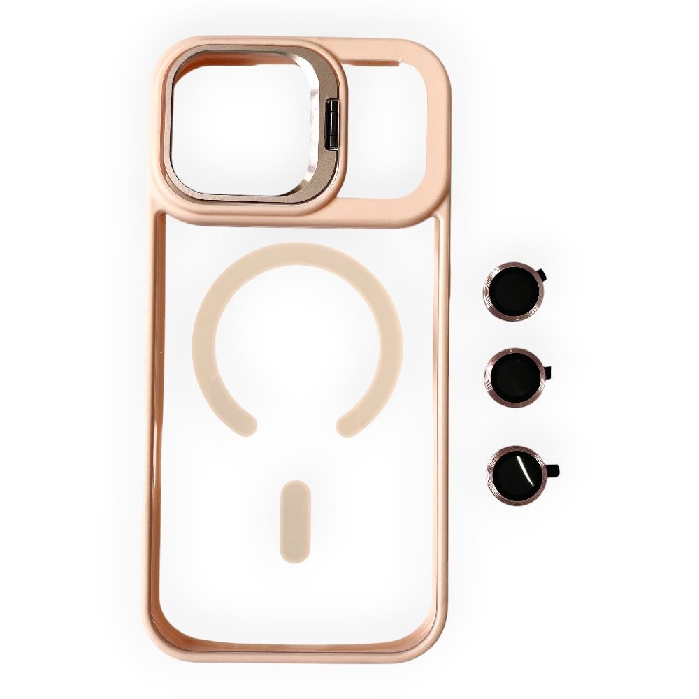 Estuche El Rey magsafe stand + vidrio templado de camara color rosado Iphone 17 pro max