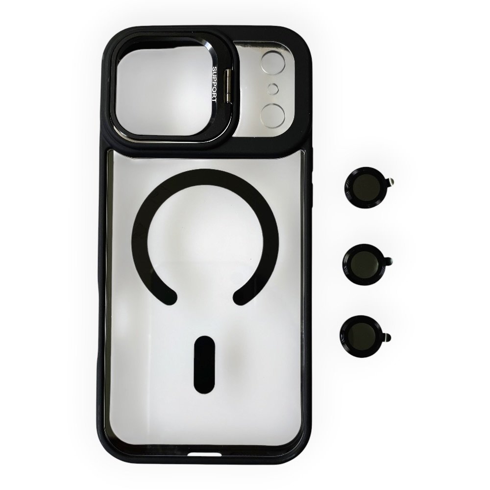 Estuche El Rey magsafe stand + vidrio templado de camara color negro Iphone 17 pro max